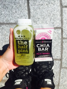 The tastiest of workout fuel. South Block Juice Co's "Glow" and Health Warriors Acai Berry Chia Bar. 
